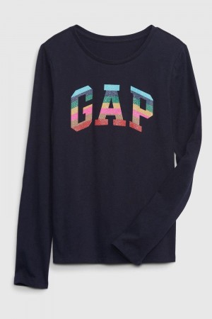 Navy GAP Organic Cotton Graphic Logo Long Sleeve Girls' T-Shirt | XN6043215